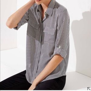 LOFT grey and white striped blouse